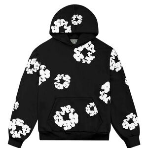 Men's Black Hoodie with White Floral Pattern
real